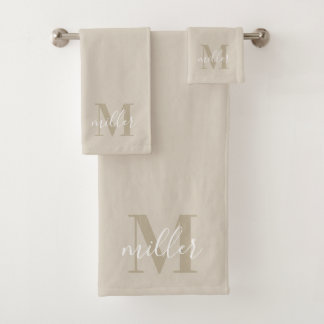 Modernes Beige Personalisierte Familienname Monogr Badhandtuch Set