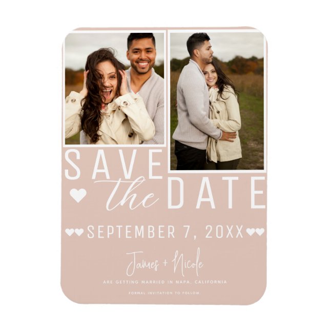 Modernes Beige Rosa Save the Date 2 Foto Hochzeit Magnet (Vertikal)