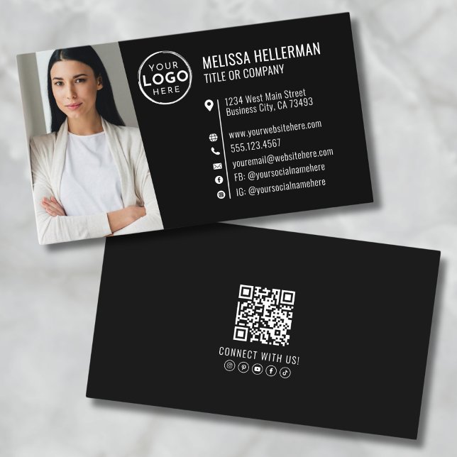 Modernes Berufliches QR-Foto-Logo Visitenkarte (Modern Black Professional QR Code Photo Logo Business Card )