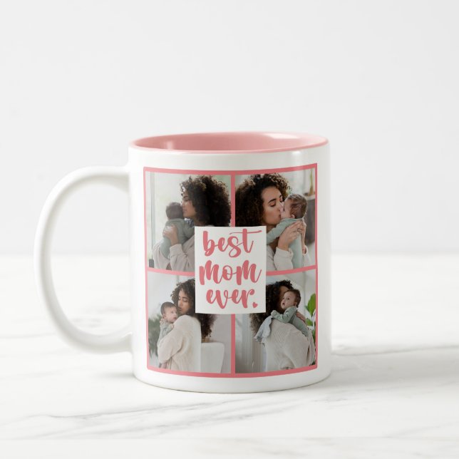 Modernes Best Mama Ever Heart Foto | Dunkelrosa Zweifarbige Tasse (Links)