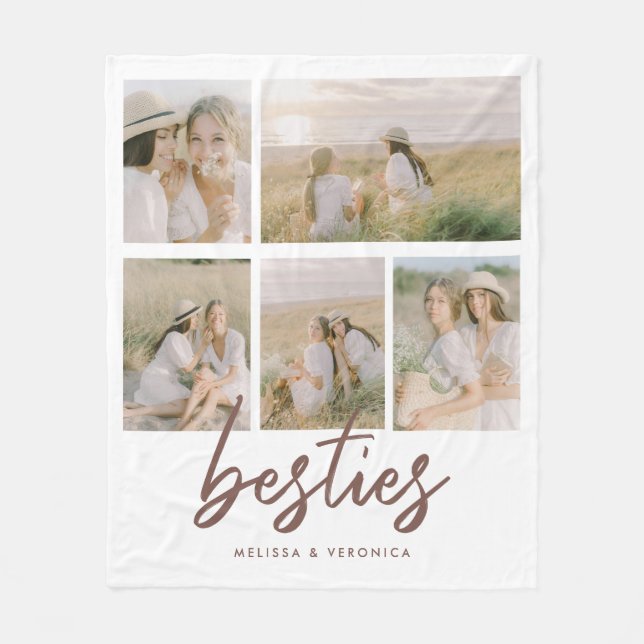 Modernes 'Besties' Script Custom 5-Foto Collage Fleecedecke (Vorderseite)