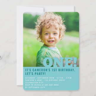 Modernes Big One Fun Baby Boy Foto zum Geburtstag Einladung