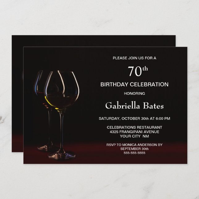 Modernes Black 70 th Birthday Wine Glass Party Einladung (Vorne/Hinten)