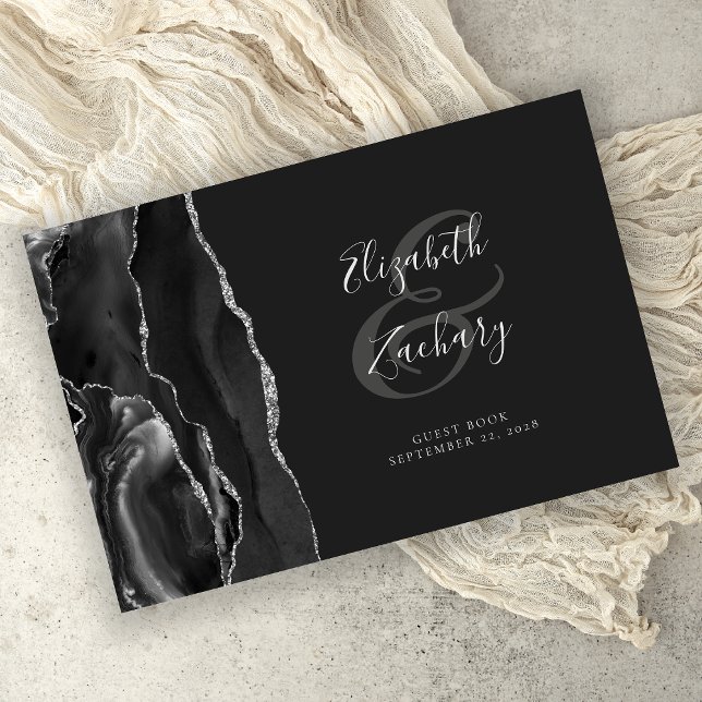 Modernes Black Agate Silver Script dunkel Gästebuch (Von Creator hochgeladen)