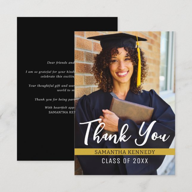Modernes Black and Gold 2025 Abschluss Foto Dankeskarte (Vorne/Hinten)