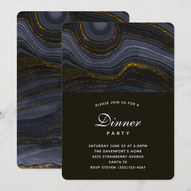 Modernes Black and Gold Agate Party Einladung (Vorne/Hinten)