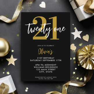 Modernes Black and Gold Elegant 21. Geburtstag Einladung
