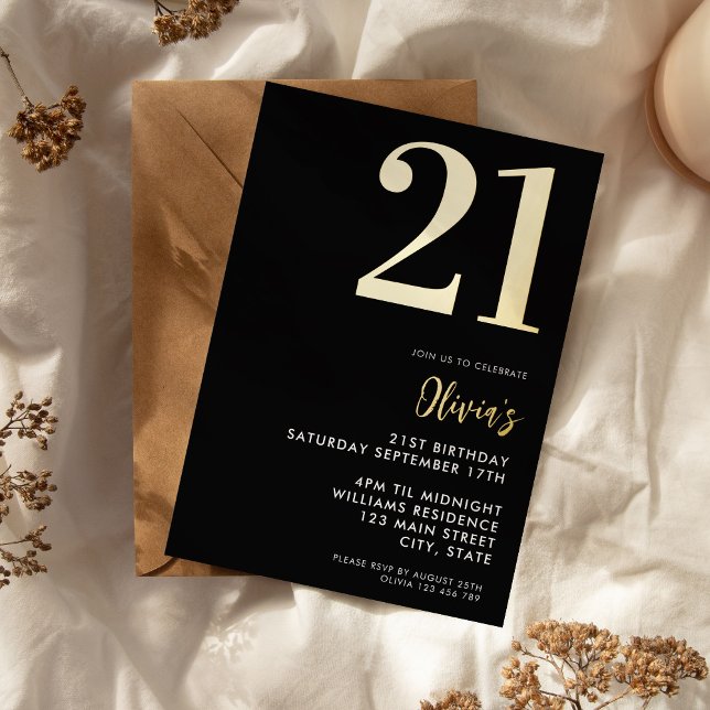 Modernes Black and Gold Elegant 21. Geburtstag Folieneinladung (Modern Black and Gold Elegant 21st Birthday Foil Invitation)