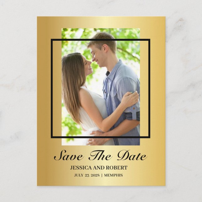 Modernes Black and Gold Foto Save the Date einlade Postkarte (Vorderseite)