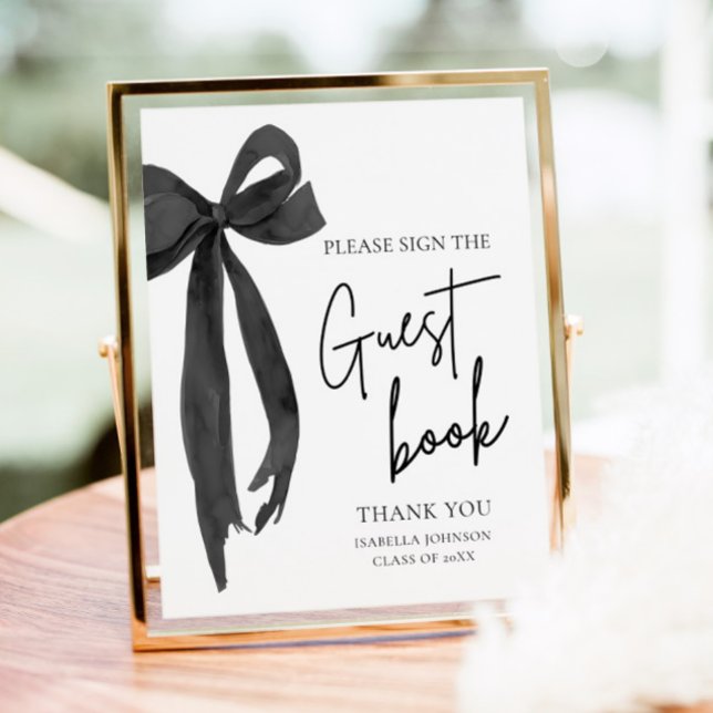 Modernes Black Bow Graduation Party Guest Book Sig Poster (Modern Coquette Black Bow Graduation Party Graduate High School Guest Book Sign)