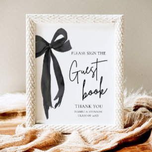 Modernes Black Bow Graduation Party Guest Book Sig Poster