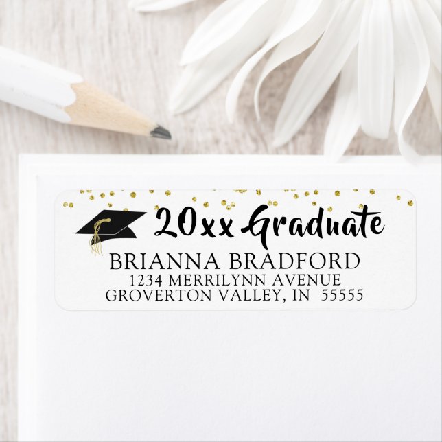 Modernes Black Brush Script Gold Confetti Grad Cap (Insitu)