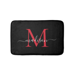 Modernes Black Burgundy Red Monogram Script Elegan Badematte