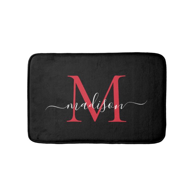 Modernes Black Burgundy Red Monogram Script Elegan Badematte (Vorderseite)