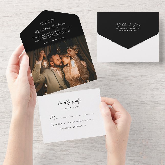 Modernes Black Calligraphy Foto Wedding Rsvp All In One Einladung (Von Creator hochgeladen)