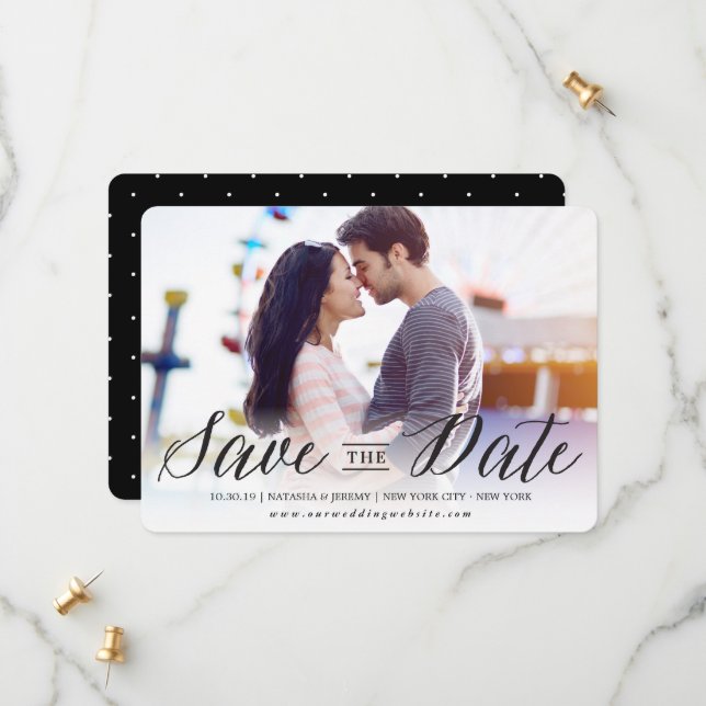 Modernes Black Calligraphy Script Typografy Foto Save The Date (Vorderseite/Rückseite Beispiel)