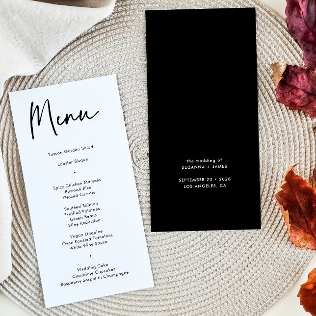 Modernes Black Calligraphy Wedding Dinner Menu Menükarte (Von Creator hochgeladen)