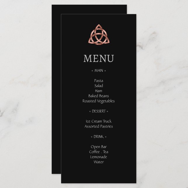Modernes Black Celtic Knot Rose Gold Wedding Menu Menükarte (Vorne/Hinten)