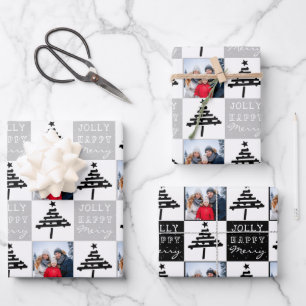 Modernes Black Christmas Tree Family Foto Geschenkpapier Set