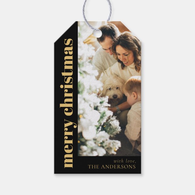 Modernes Black Elegant Frohe Weihnachts-Familie Fo Geschenkanhänger (Vorderseite)