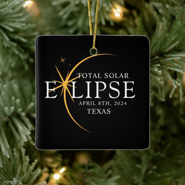 Modernes Black & Gold 2024 Texas Total Solar Eclip Keramikornament (Baum)
