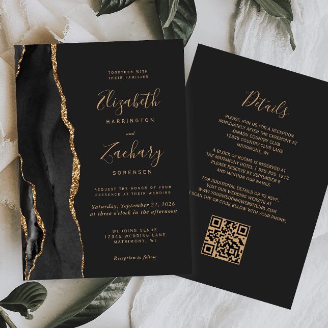 Modernes Black Gold Agate Dunkle QR Code Hochzeit Einladung (Von Creator hochgeladen)
