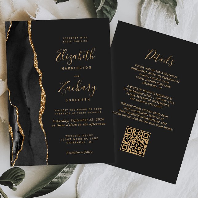 Modernes Black Gold Agate Dunkle QR Code Hochzeit Einladung (Von Creator hochgeladen)