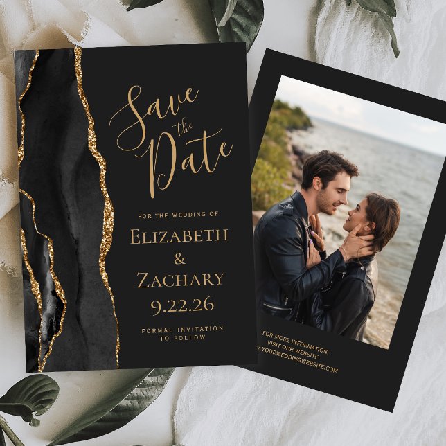 Modernes Black Gold Agate Foto Dark Save the Date (Von Creator hochgeladen)