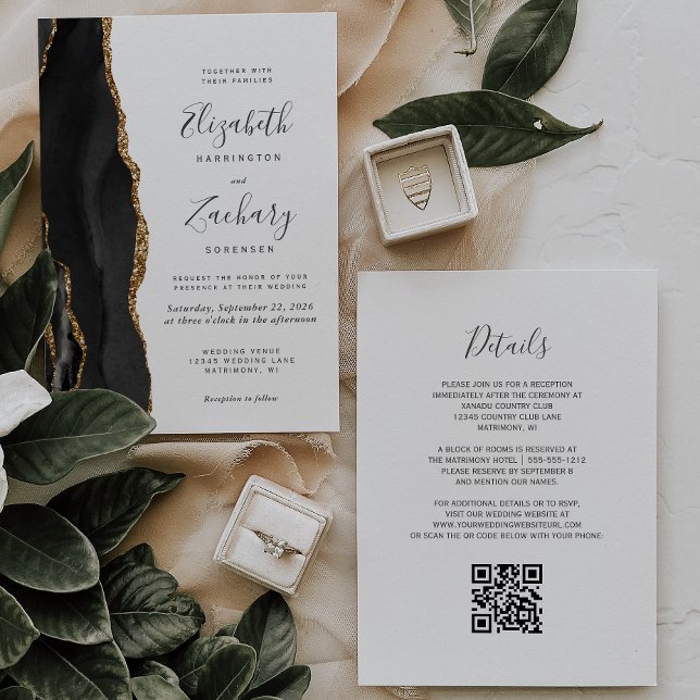 Modernes Black Gold Agate QR Code Hochzeit Einladung (Von Creator hochgeladen)