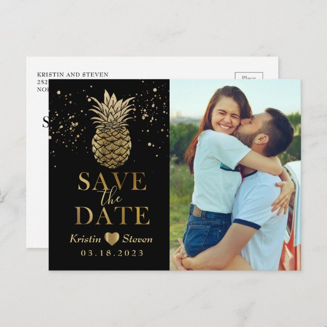 Modernes Black Gold Ananas Foto Save the Date Postkarte (Vorne/Hinten)