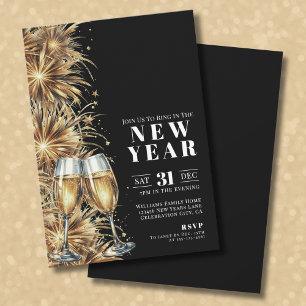 Modernes Black Gold Champagne Silvester Party Einladung