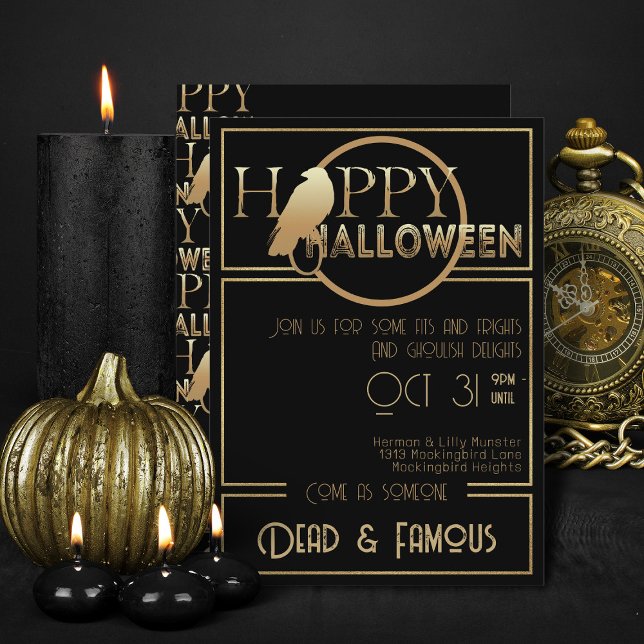 Modernes Black Gold Chic Adult Glam Halloween-Part Einladung (Elegant black and gold Halloween invitations)