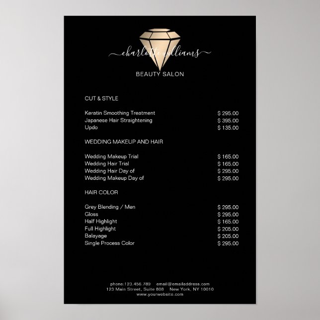 Modernes Black Gold Diamond Preislisten-Poster Poster (Vorne)