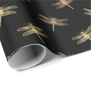 Modernes Black Gold Dragonfly-Muster Geschenkpapier