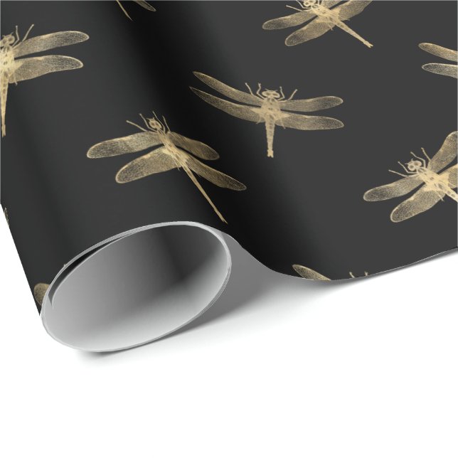 Modernes Black Gold Dragonfly-Muster Geschenkpapier (Rolleneckpunkt)