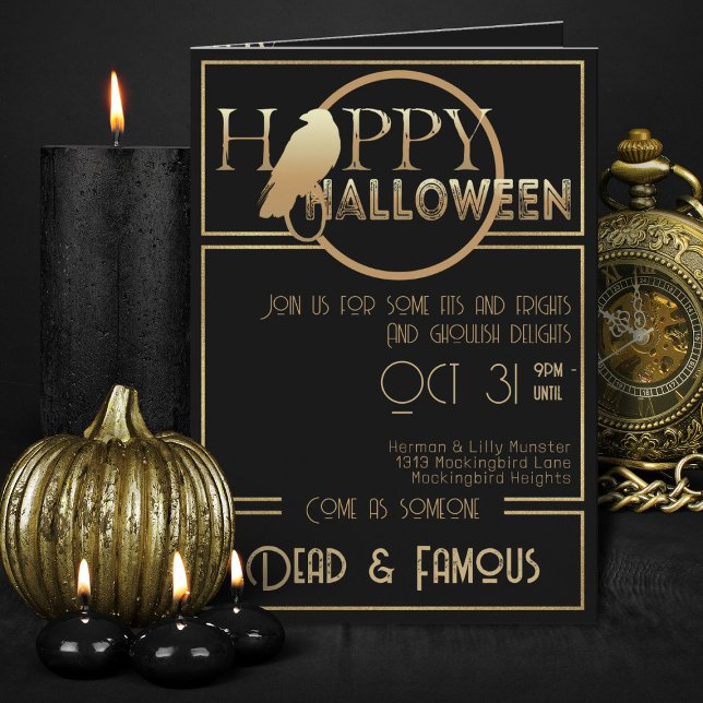 Modernes Black Gold Elegantes Erwachsenes Hallowee Einladung (elegant black and gold folded Halloween invitations)