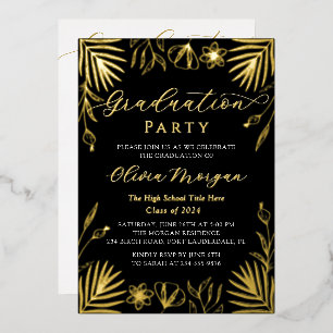Modernes Black Gold Floral Script Abschluss Foto F Folieneinladung