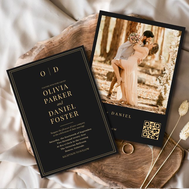 Modernes Black Gold Foto QR Code Hochzeit Einladung (Von Creator hochgeladen)