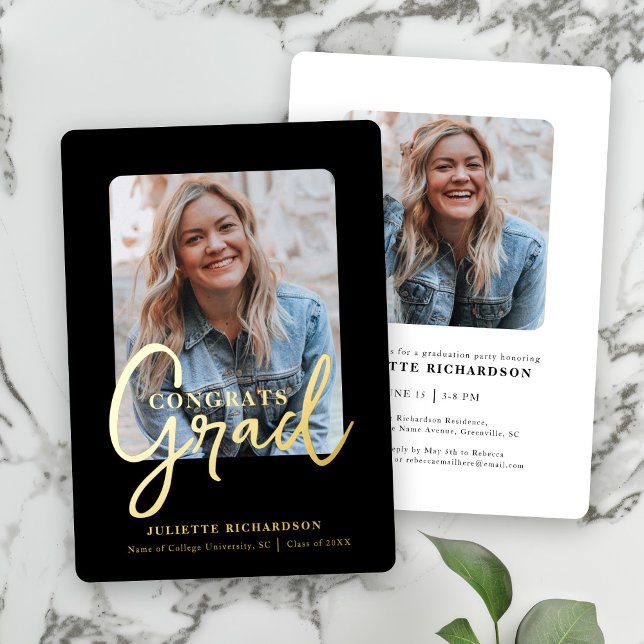 Modernes Black Gold Foto Uni-Abschluß Party Folieneinladung (Von Creator hochgeladen)