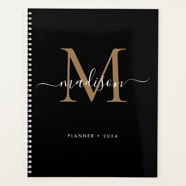 Modernes Black Gold Girly Monogram Script Name 202 Planer (Vorderseite)