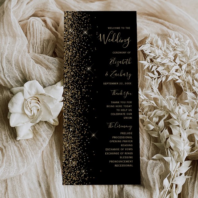 Modernes Black Gold Glitzer Edge Hochzeitsprogramm (Von Creator hochgeladen)
