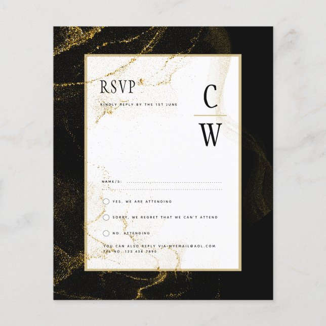 Modernes Black Gold Glitzer Wedding RSVP Flyer (Vorne)