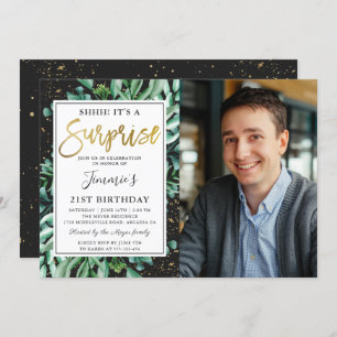 Modernes Black Gold Greenery Überraschung Geburtst Einladung
