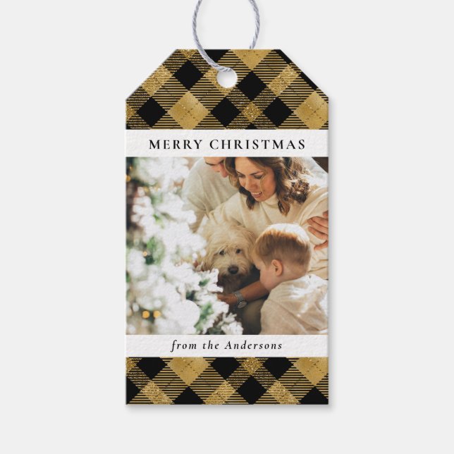Modernes Black Gold Karierte Weihnachtsfamilie Fot Geschenkanhänger (Vorderseite)