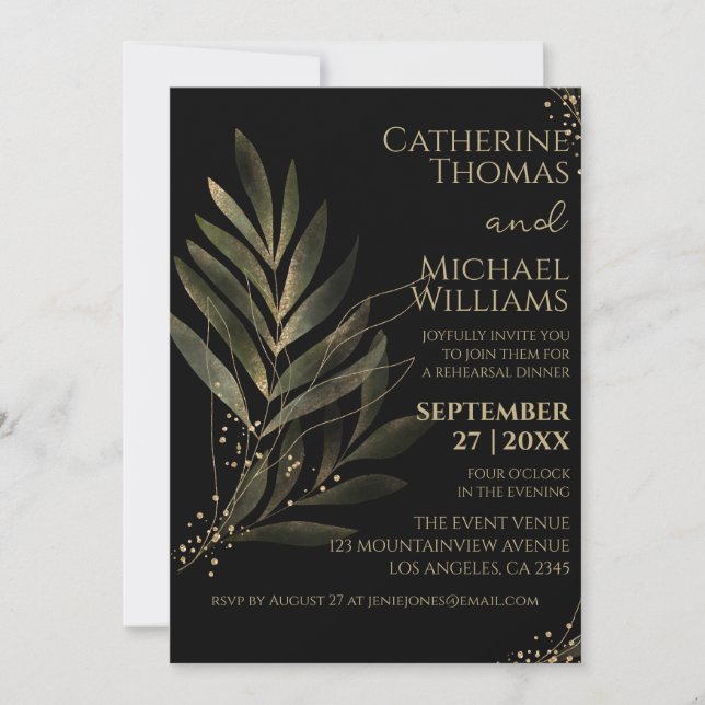 Modernes Black Gold Leaf Hochzeitsessen Probe Einladung (Vorderseite)