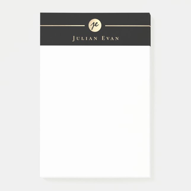 Modernes Black Gold Luxe Handwriting Monogram Post-it Klebezettel (Vorderseite)