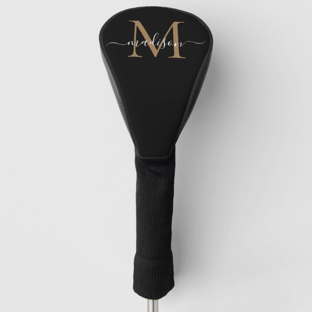 Modernes Black Gold Monogram Girly Elegantes Scrip Golf Headcover (Vorderseite)