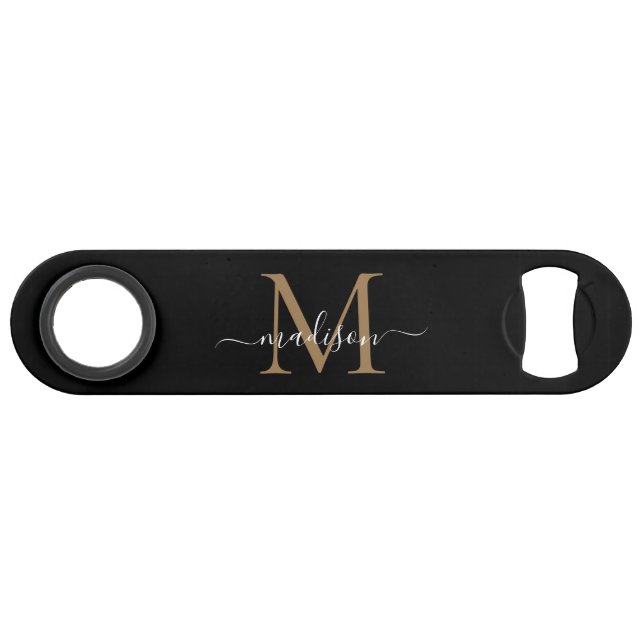 Modernes Black Gold Monogram Girly Elegantes Scrip Speed Flaschenöffner (Vorderseite (Horizontal))