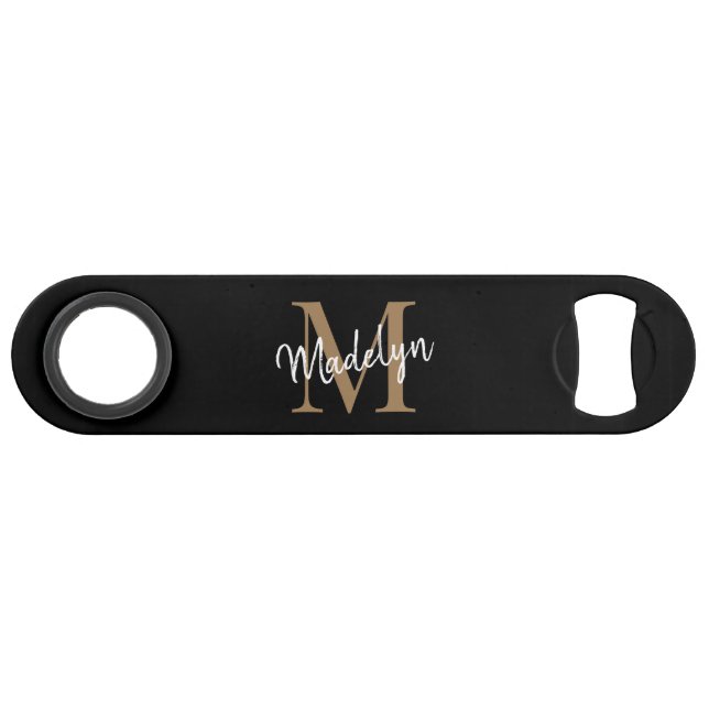 Modernes Black Gold Monogram Girly Elegantes Scrip Speed Flaschenöffner (Vorderseite (Horizontal))
