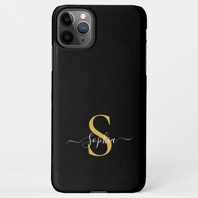 Modernes Black Gold Monogram Stilvoller Skriptname iPhone Hülle (Rückseite)